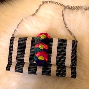 Loeffler Randall pom-pom striped clutch with chain